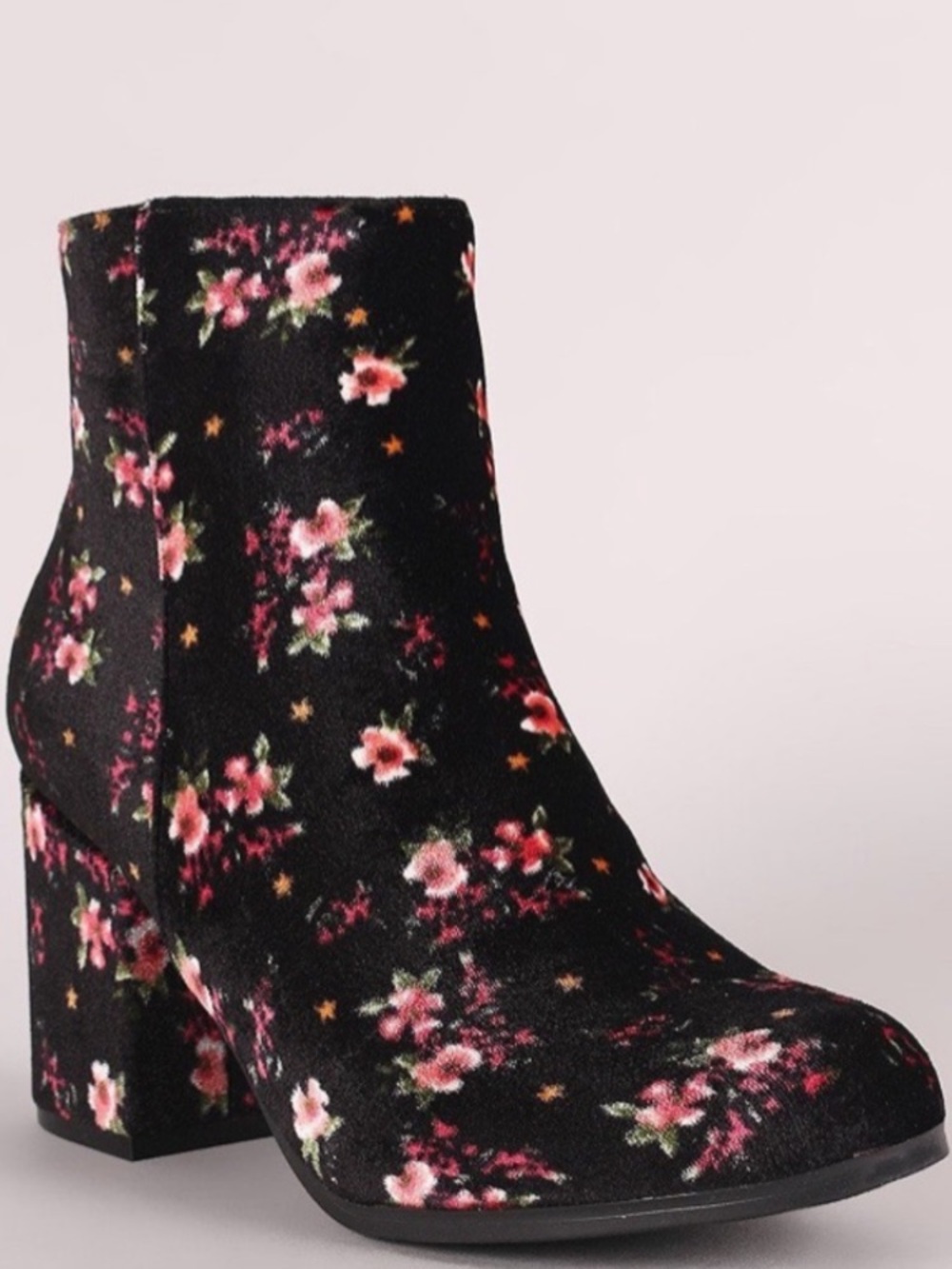 Qupid Velvet Floral Block Heels Ankle Boots